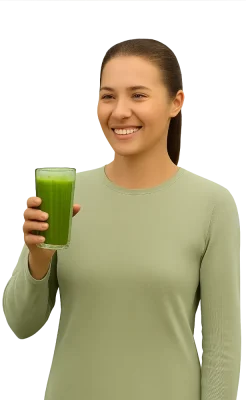Smiling woman holding a glass of Moringa that could be Zija SuperMix, SmartMix, or XM+ by Isagenix Canada